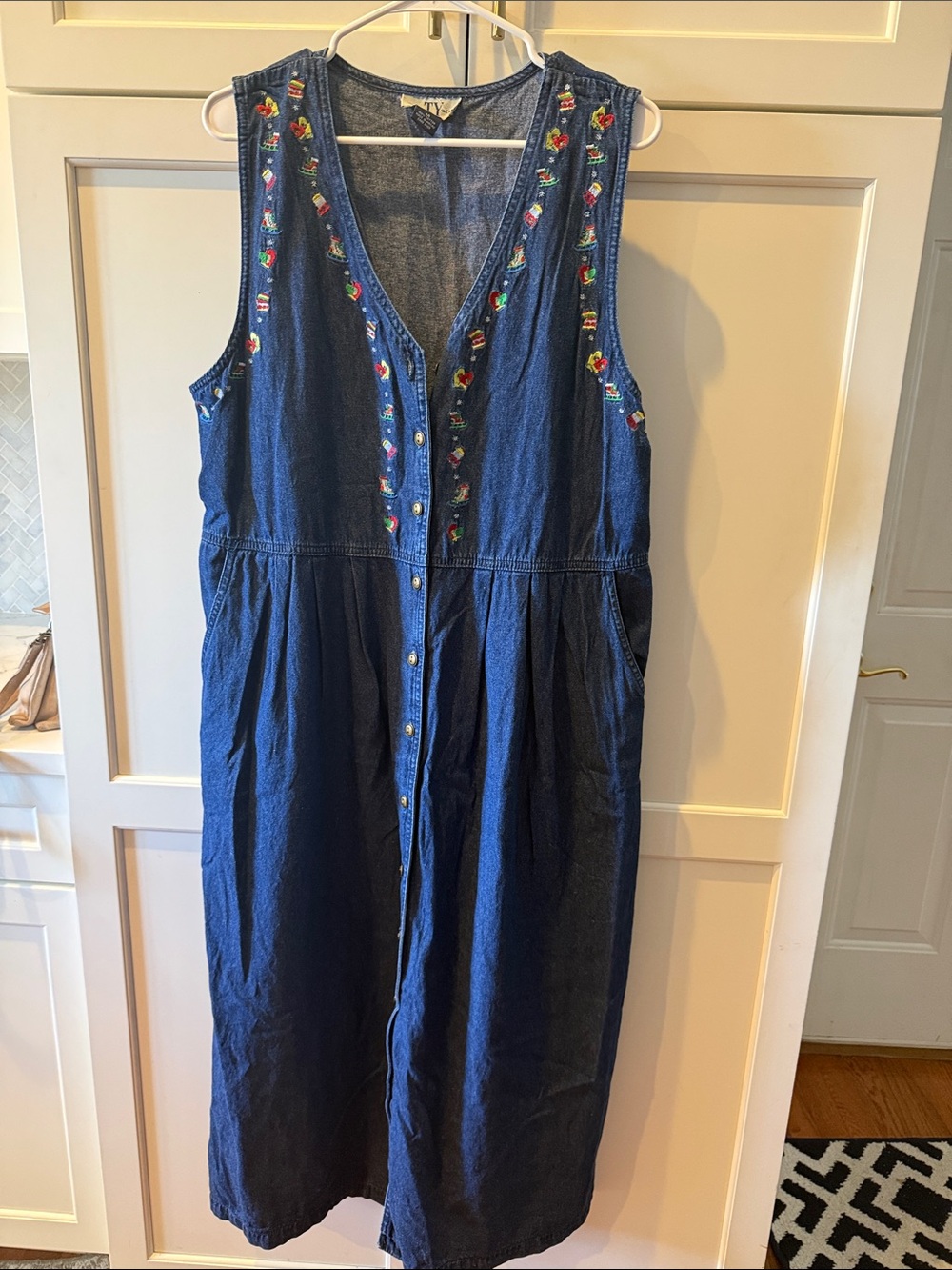 Vintage Embroidered Denim Button-Front Maxi Dress - Blue 100% cotton